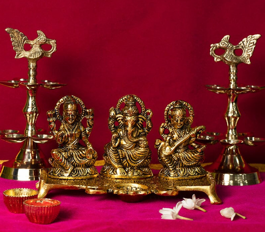 Design Gold Plated Lakshmi Ganesh Saraswati Idol with Deepak Showpiece